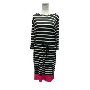 Liz Claiborne Size Large Belted‎ Striped Black White Hot Pink Dress